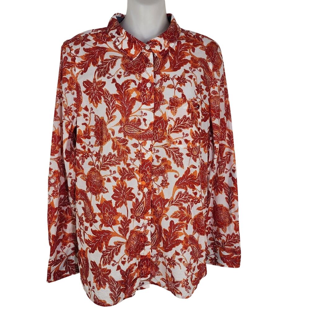 Tommy Hilfiger Womens Shirt Cotton Batik Floral Roll Tab Sleeve Pocket Medium